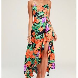 Tropical satin maxi/midi dress w/ slit